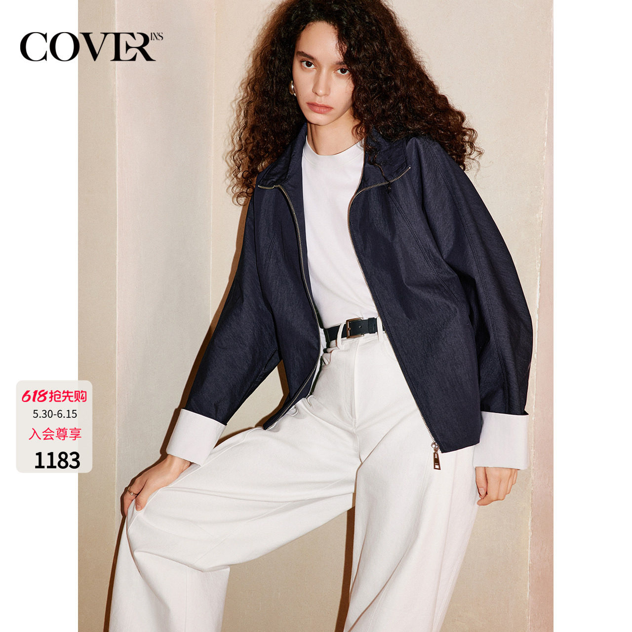 COVERINS深蓝仿牛仔外套女翻领拉链夹克2026春季新款CC36110030