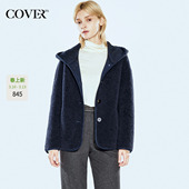 COVERINS深蓝100羊毛仿皮毛一体羊剪绒连帽外套女短款 CC34510490