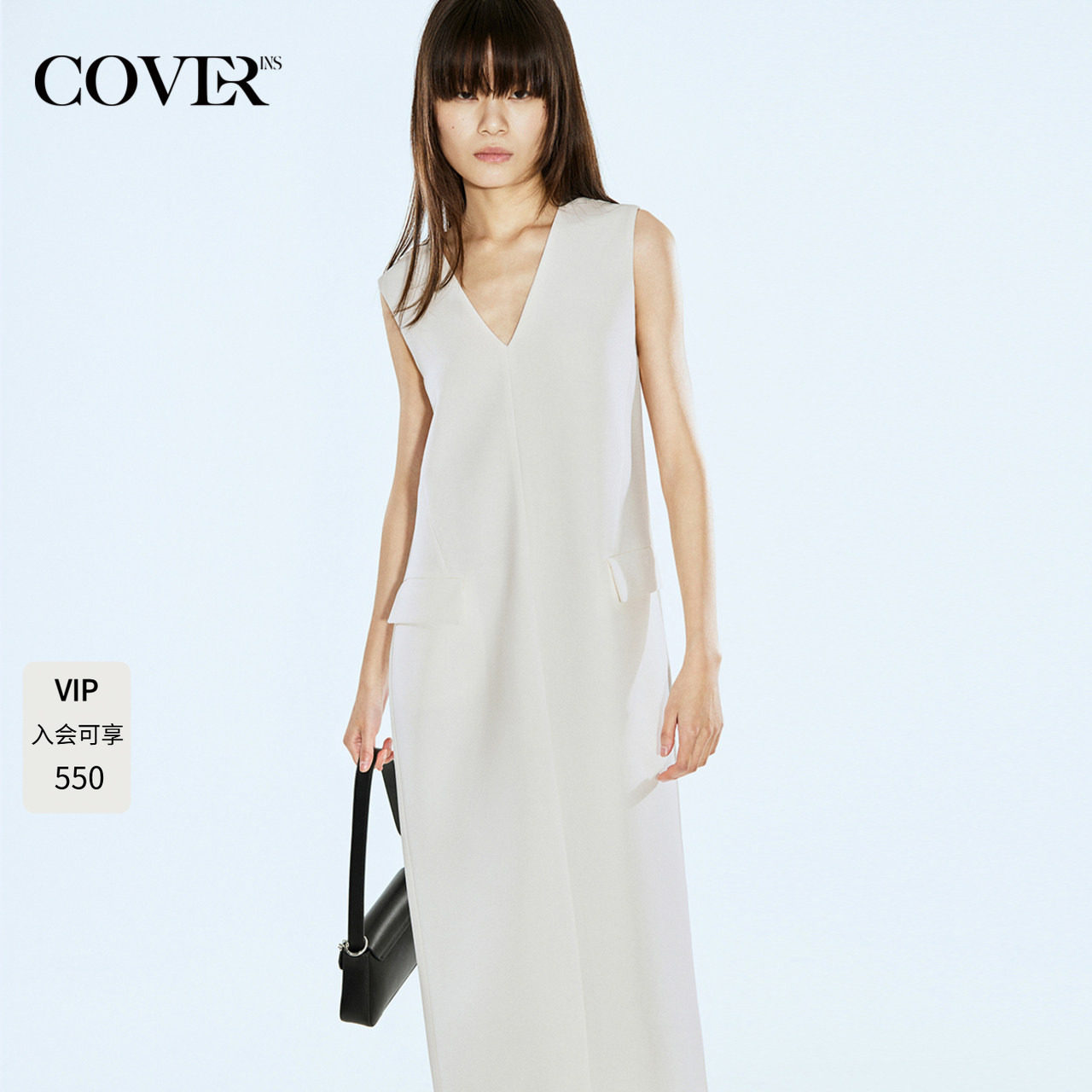 COVERINS无袖v领连衣裙中长款夏直筒宽松CC34205300