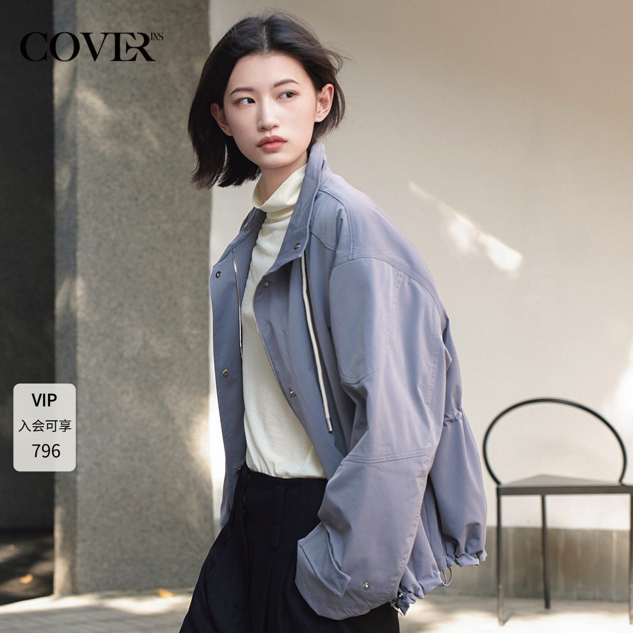 COVERINS灰色工装棉服外套女立领拉链夹克宽松CC34508140图片