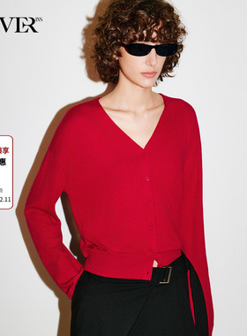 COVERINS新年红色V领针织开衫女短羊毛混纺2026春新款CC36106020