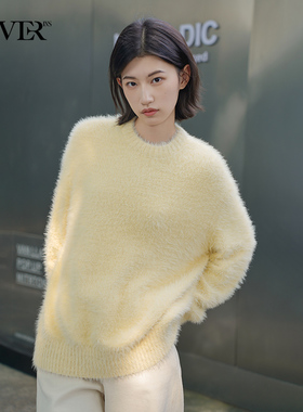 COVERINS浅黄色软糯仿貂绒毛衣女宽松慵懒风CC34506280