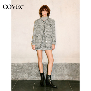 COVERINS银灰色花纱小香风羽绒外套女2025冬新款 半裙CC35508150