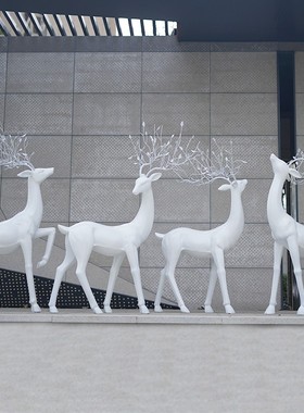 大型抽象仿铜色梅花鹿雕塑摆件会所售楼部玻璃钢室内景观装饰道具