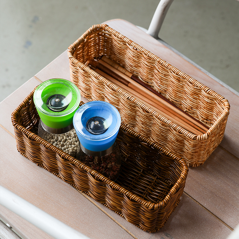 厨房调味瓶收纳篮欧式 仿藤编收纳筐 餐厅刀叉筷子笼架置物框长方