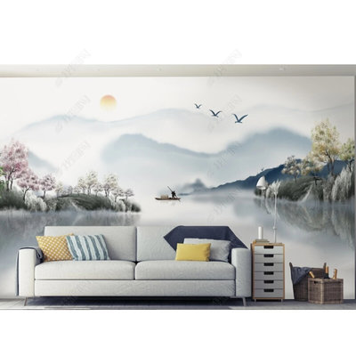 新中式立体3D意境山水宣绒布客厅无缝树林小船电视沙发背景墙壁画