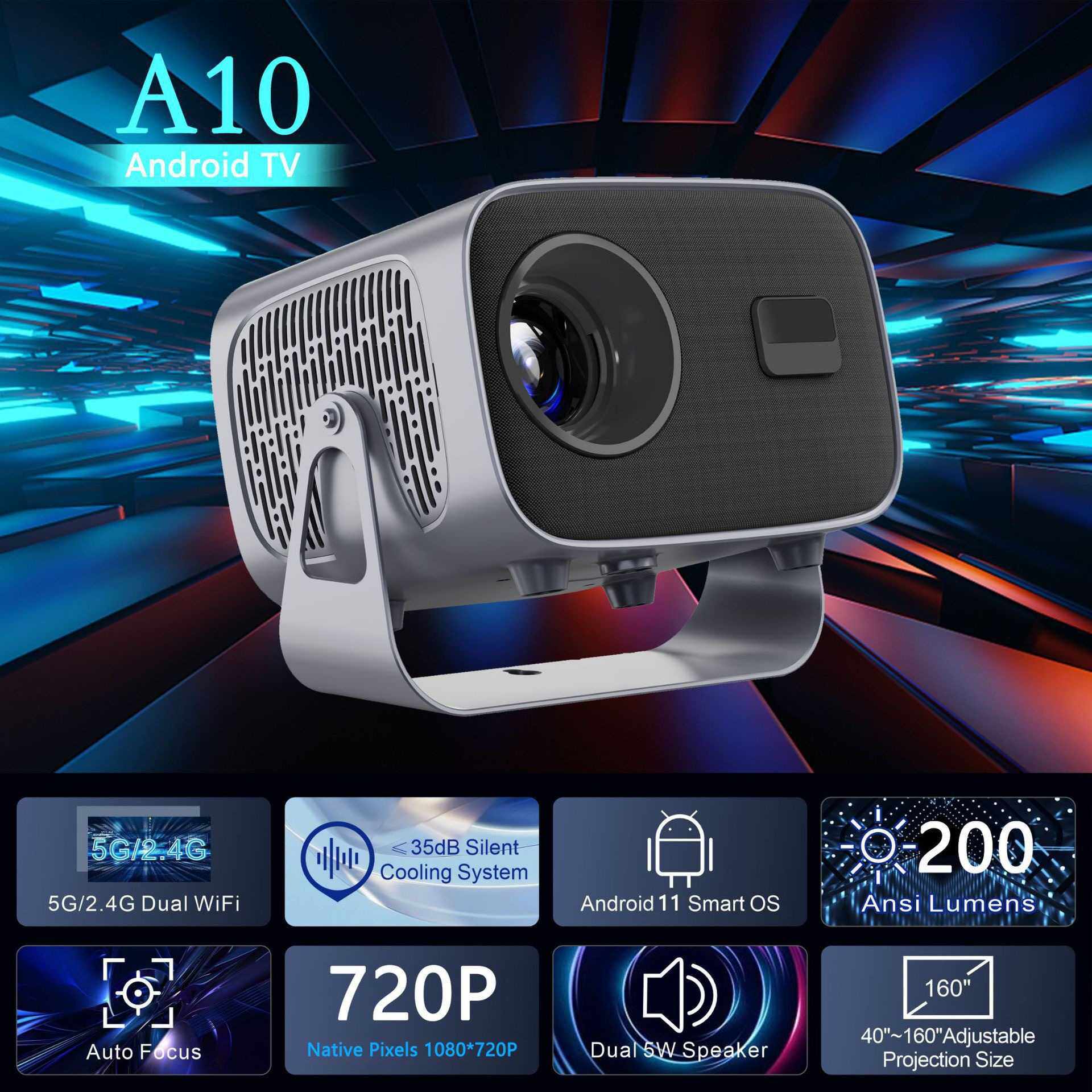 A10高清4k智能投影仪wifi6低噪音720p户外露营便携迷你投影仪