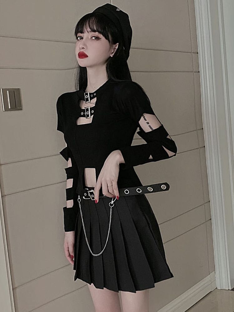 好货网红套装女2024春装新款性感镂空长袖恤+百褶短裙暗黑系超酷