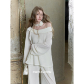 优雅一字肩上衣搭配阔腿裤 法式 想象 套装 树