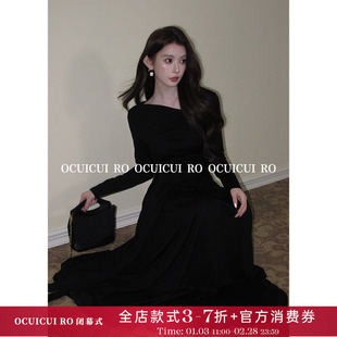 CUICUI崔崔【轻尘初静】黑色修身斜肩连衣裙女春冬气质长款打底裙
