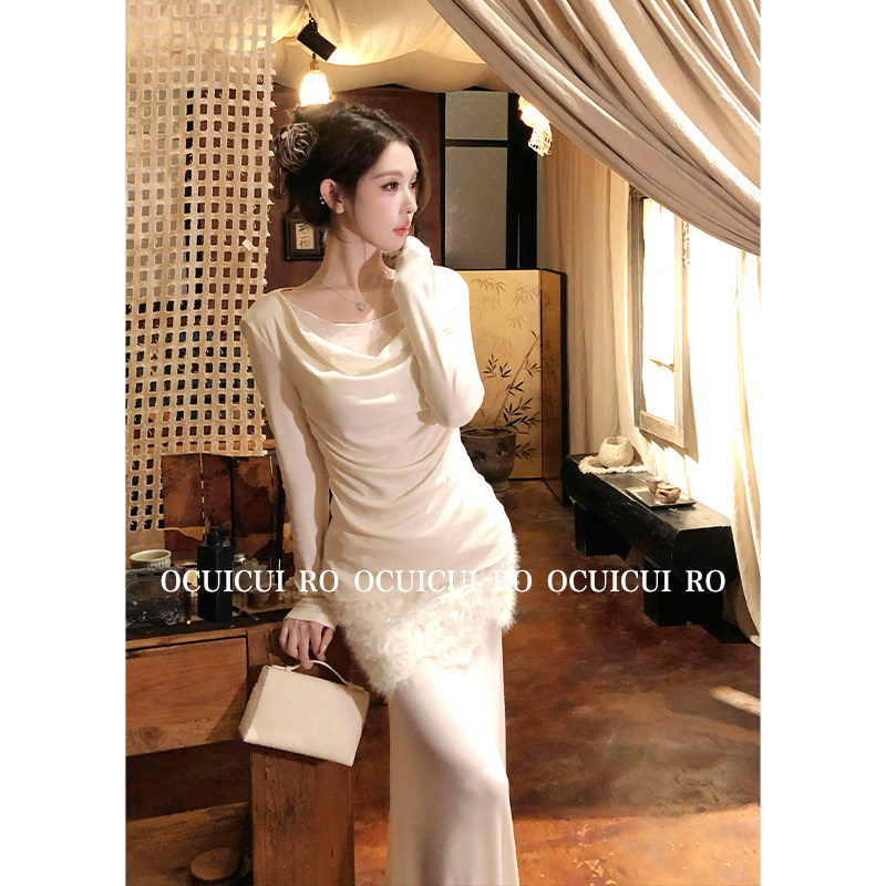 CUICUI崔崔【云上香草】莱塞尔羊毛 荡领长袖上衣+针织半身裙套装