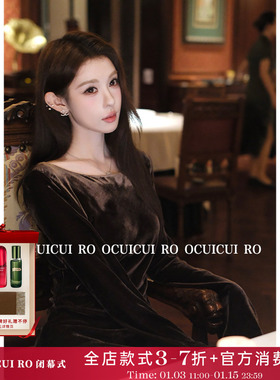 CUICUI崔崔【阑珊星光】秋季长袖黑色丝绒连衣裙女气质圆领小礼服