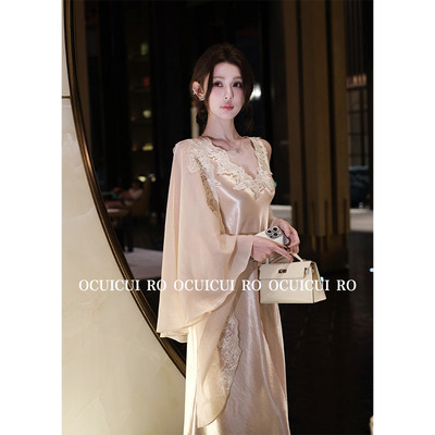 轻奢蕾丝缎面连衣裙披肩罩衫套装