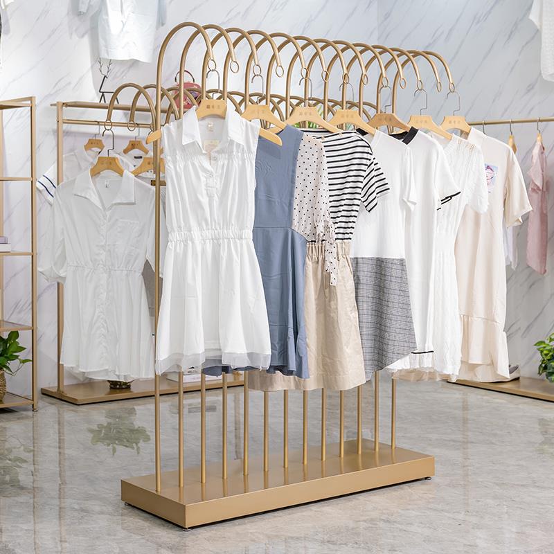 热卖铁艺服装展示架金色单双排中岛侧挂货架落地式女童装店挂衣架