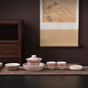 青花瓷功夫复古茶具家用三才盖碗泡茶器茶杯主人杯盖置壶承套装杯