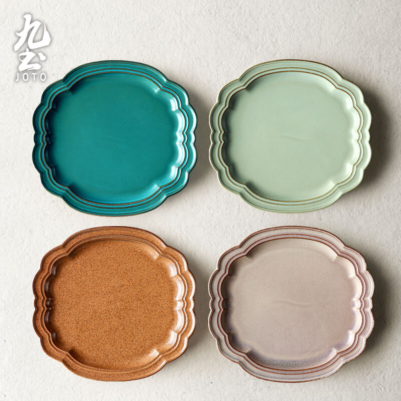 九土日式粗陶餐盘创意复古家用平盘水果甜品盘手工陶瓷餐具果盘碟
