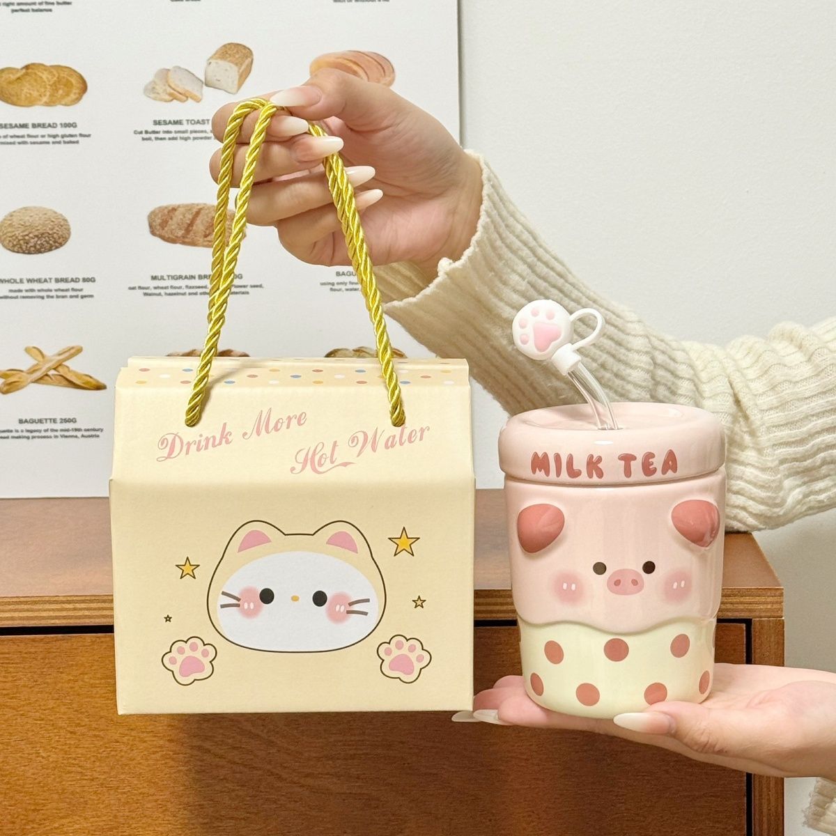 可爱小猫小猪陶瓷吸管杯