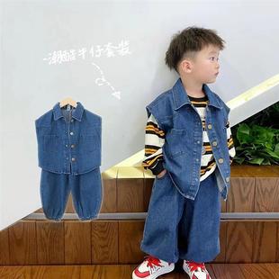 中小儿韩版 男童套装 新款 两件套 2023春款 超软牛仔外套宝宝宽松长裤