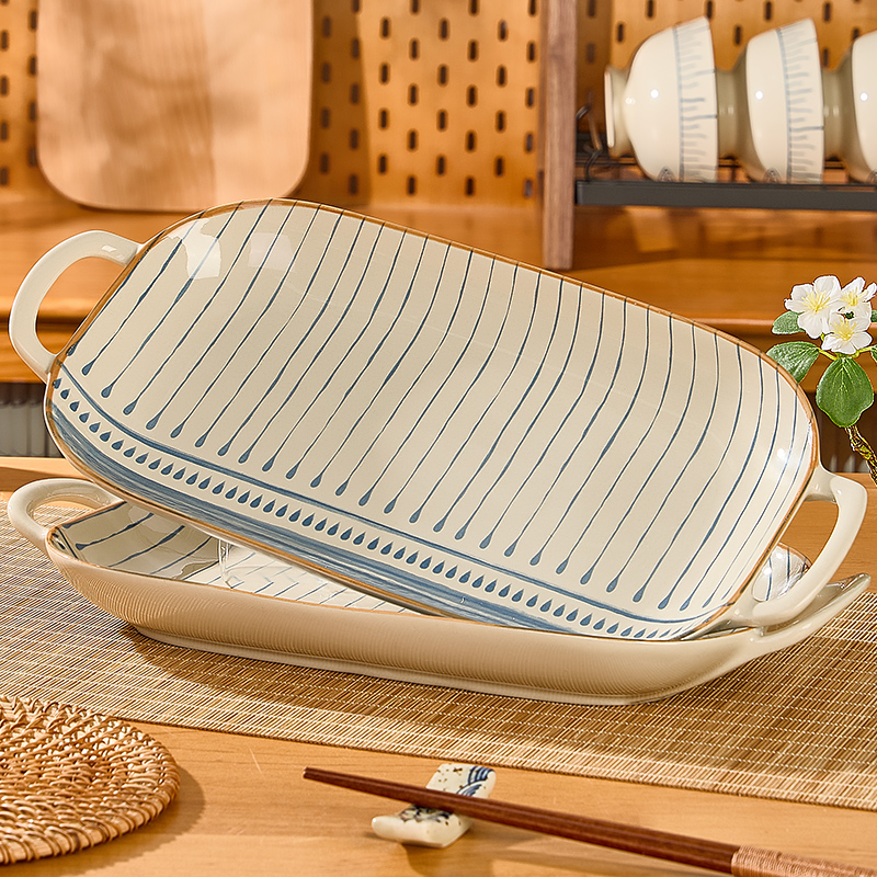 陶瓷双耳鱼盘家用2025新款蒸鱼盘子复古日式长方形大菜盘装鱼碟子