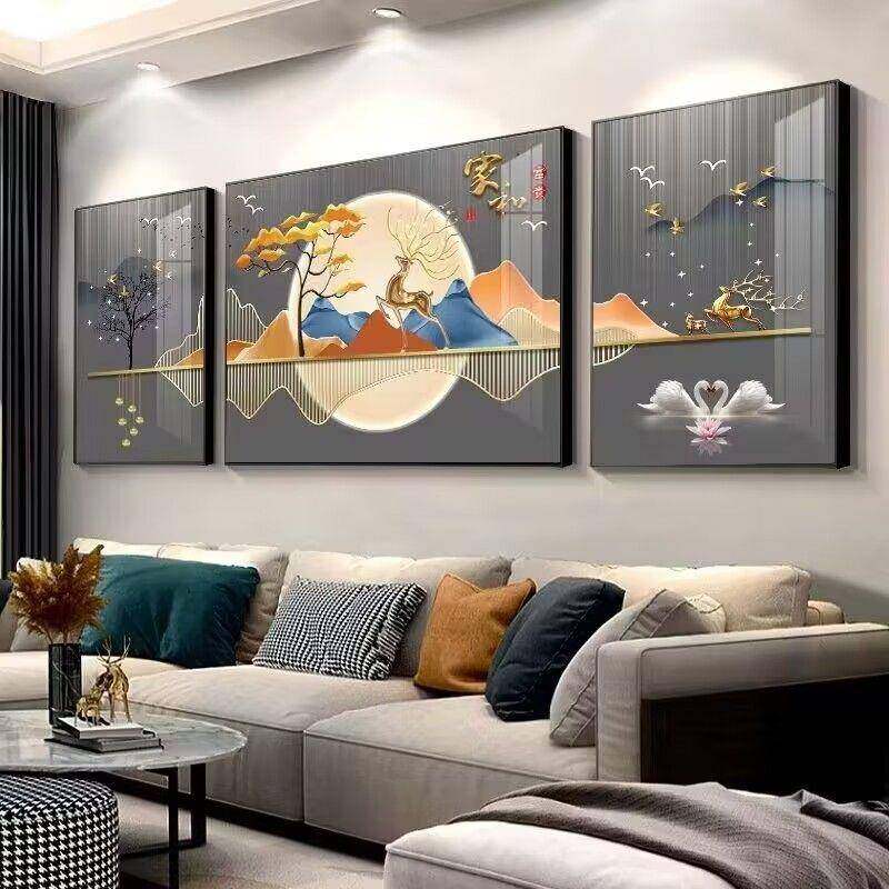 款中式客厅装饰画沙发背景墙壁画轻奢三联挂画大气晶瓷镶钻金,家居饰品,现代装饰画,淘宝优惠券,粉丝福利购,淘宝优惠卷