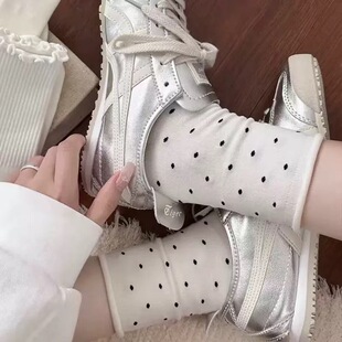 奶白色中筒袜纯色百搭堆堆袜长袜韩版波点木耳边月子袜女薄款夏季