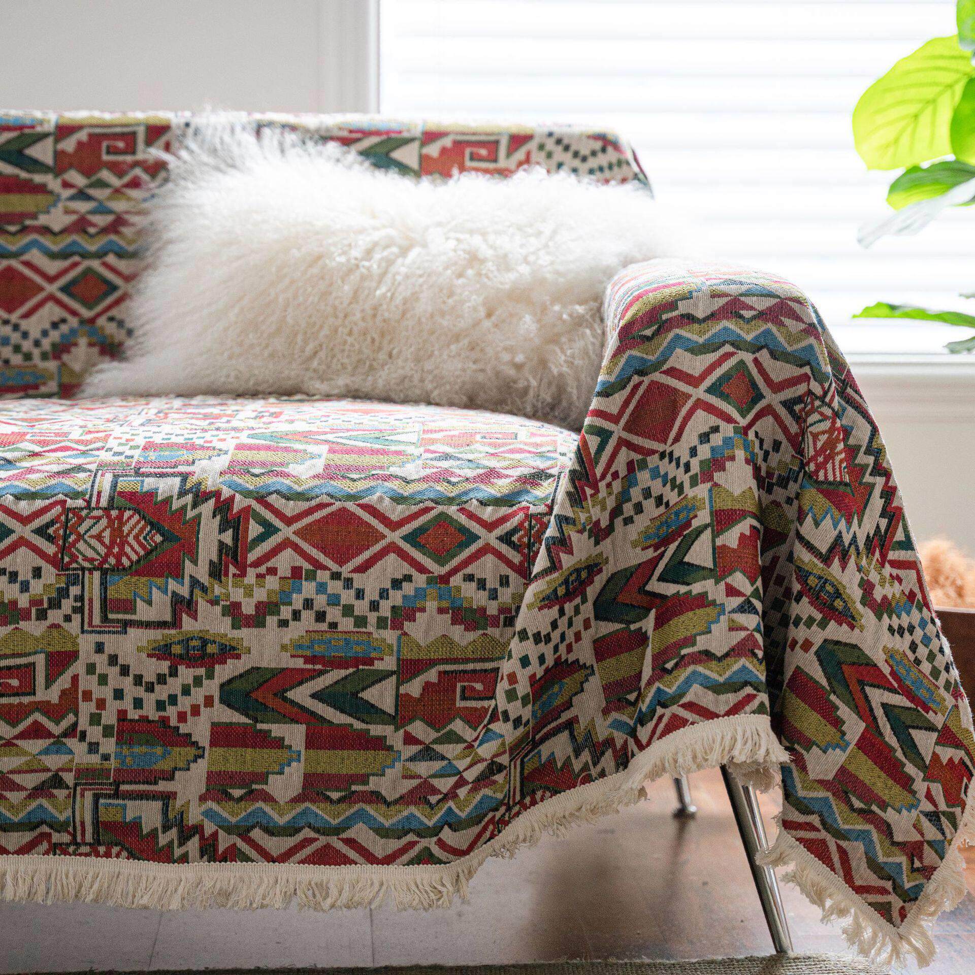 波西米亚沙发巾套罩全盖一片式 覆古老粗布几何提花沙发盖布防滑