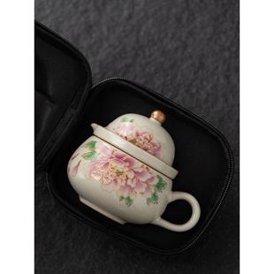 旅行茶具一壶一杯米黄汝窑快客杯一人独饮泡茶壶便携女士单人茶具