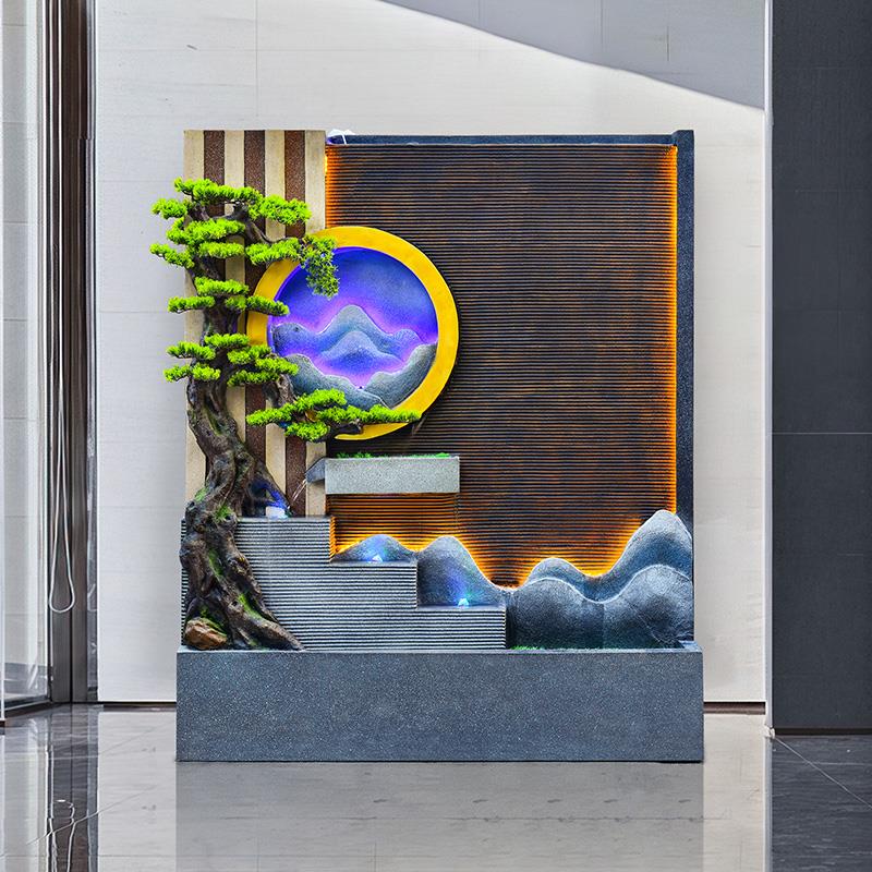 中式水幕墙屏风招财风水轮假山循环流水摆件喷泉瀑布户外水景装饰