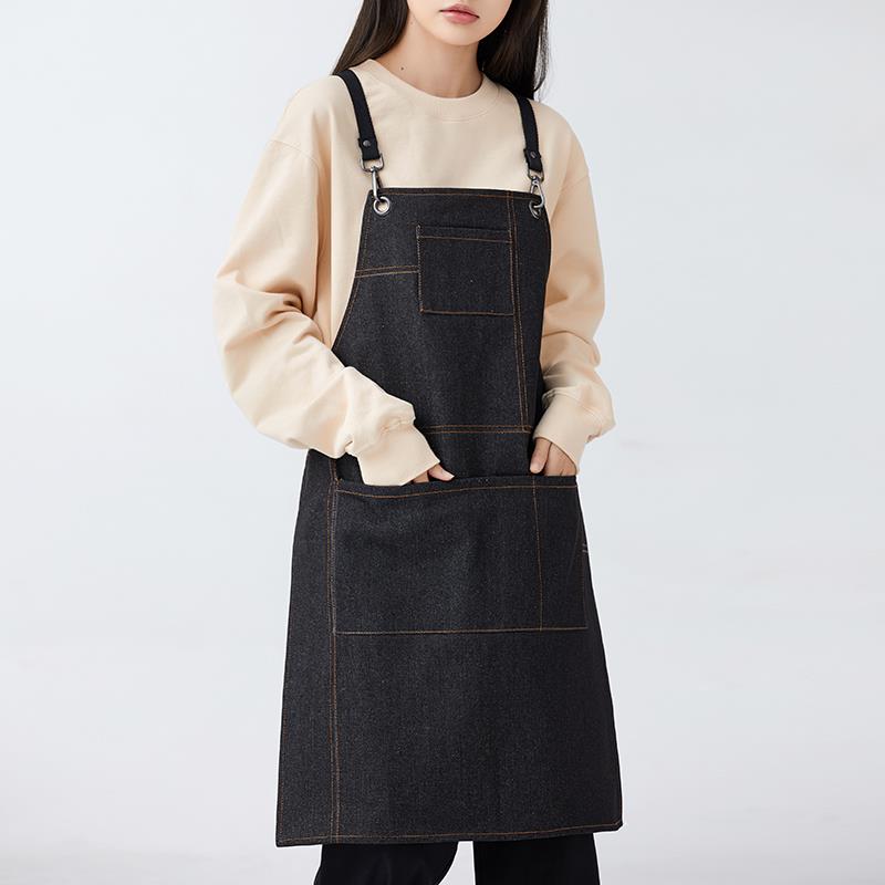 高端背带可调节牛仔布围裙工装工作服奶茶咖啡师花艺烘焙logo定制
