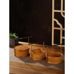 中式手工竹编竹篮客家摆件筐子手提篮水果篮茶点盘茶具带盖点心篮