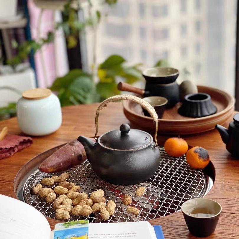 户外围炉冰茶桌烤肉方桌榆木复古圆形实木火锅桌子电磁炉一体商用
