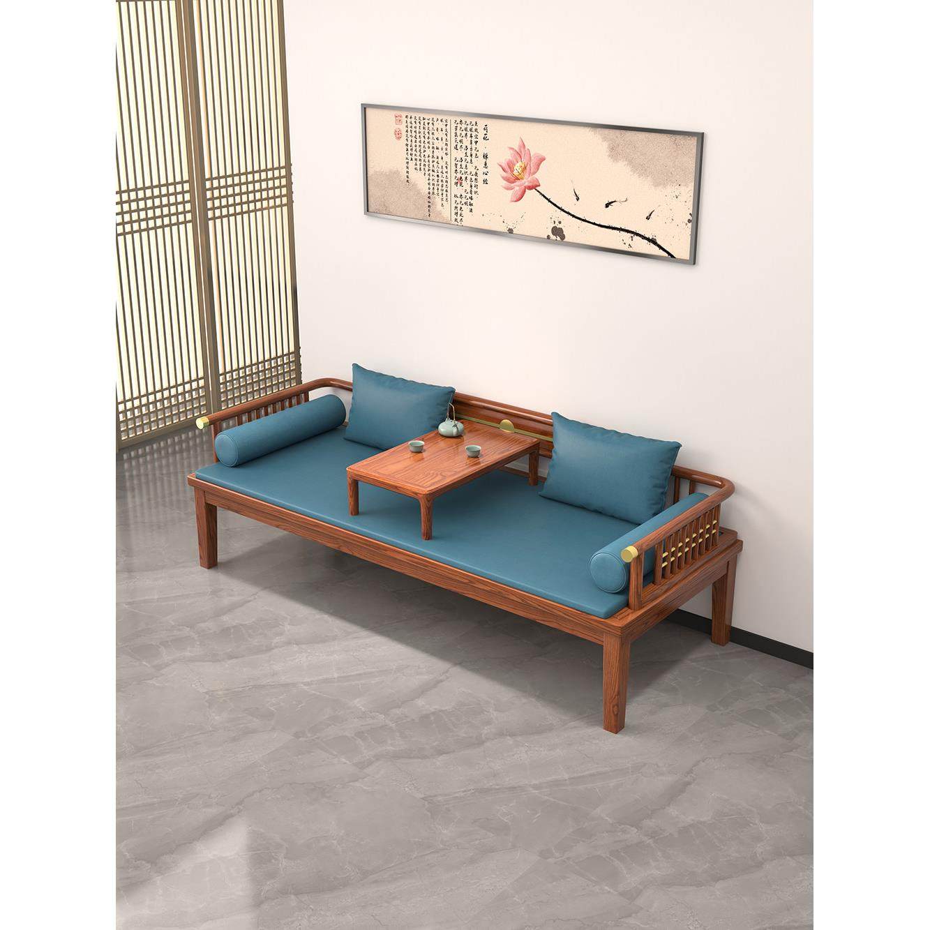 乌金木沙发床两用罗汉床新中式实木老榆木小户型推拉床茶桌椅组合