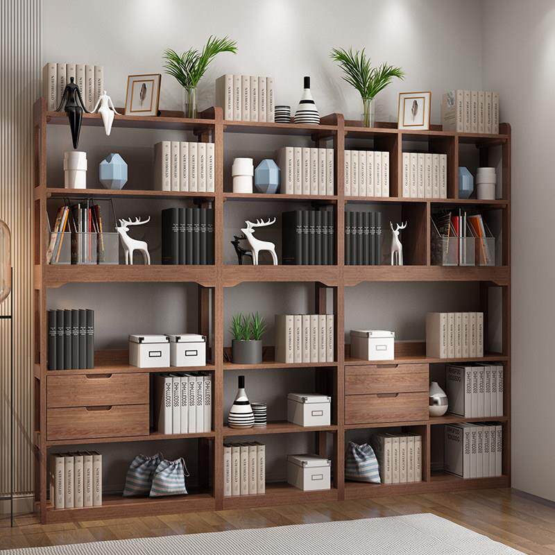 全实木书架现代简约多层置物架中式书房学生白色原木书桌书柜组合