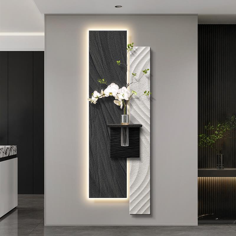 花瓶水培绿植装饰画简约侘寂风入户玄关挂画立体砂岩黑白走廊壁画