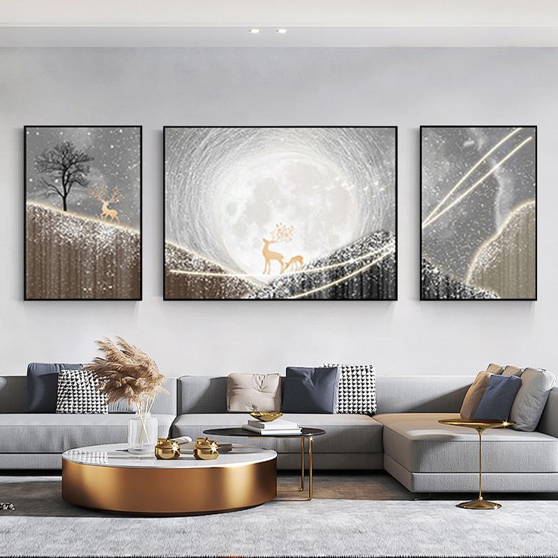 轻奢客厅装饰画沙发背景墙三联画挂画抽象现代简约大气高级感麋鹿