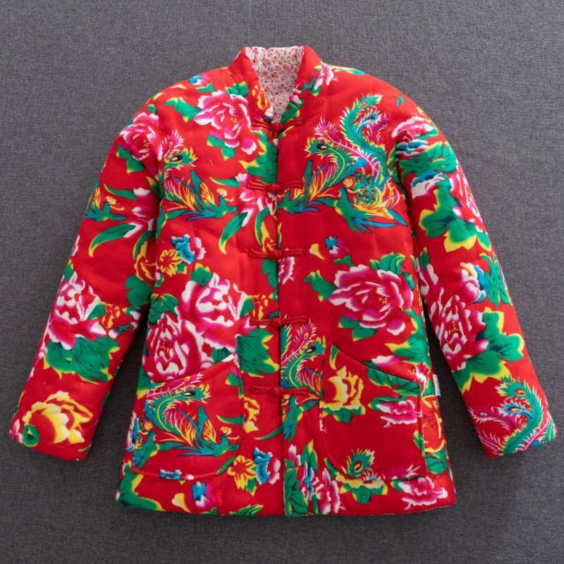 东北大花布棉袄女丝棉加厚保暖短款棉服外穿修身新娘红色棉衣冬季