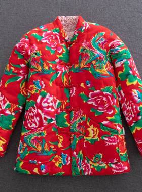 东北大花布棉袄女丝棉加厚保暖短款棉服外穿修身新娘红色棉衣冬季