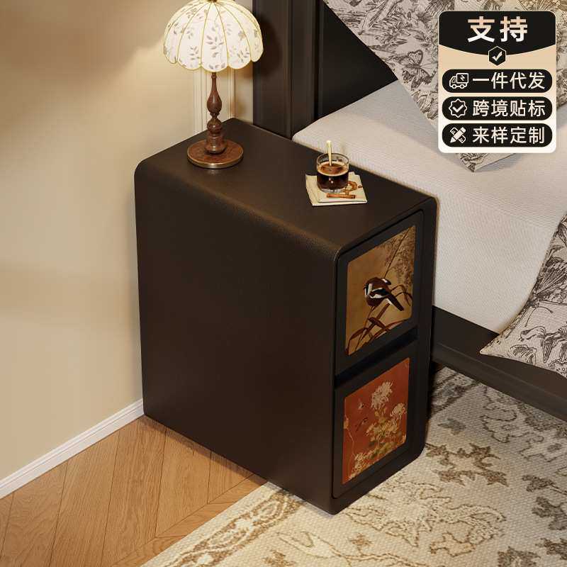 极窄中古风床头柜家用卧室实木小型床边柜新款创意超窄置物柜