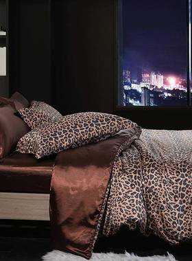 欧式豹纹真丝四件套1.8m双面桑蚕丝被套冰丝床单床笠纯色床上用品