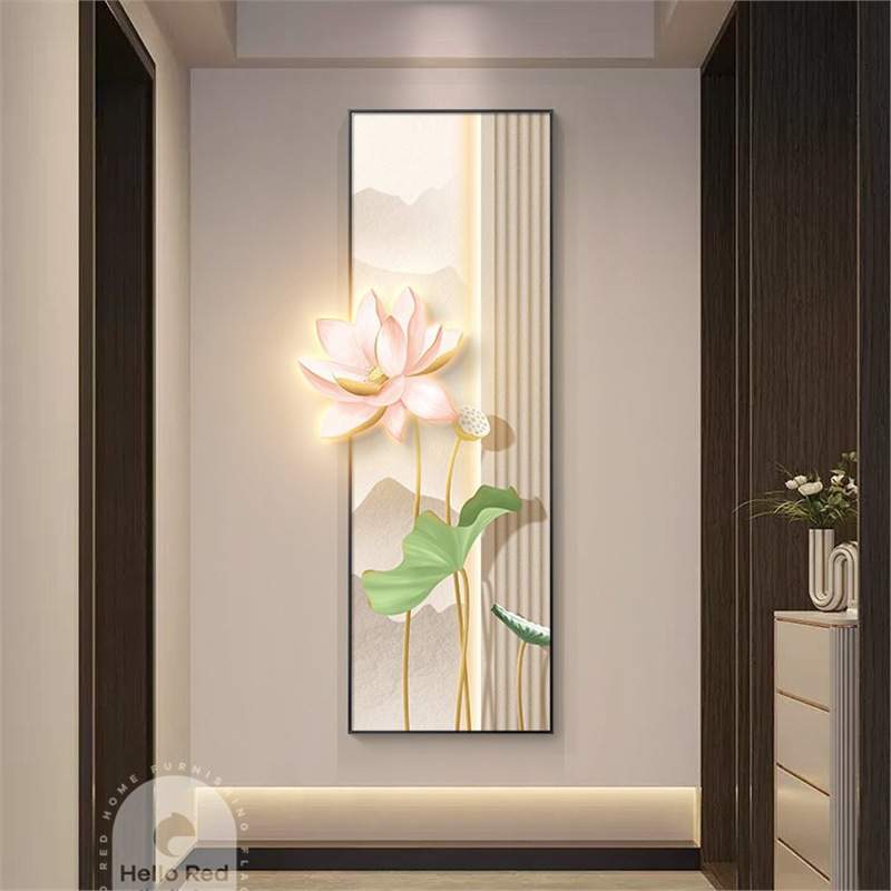 荷花入户玄关装饰画现代日式走廊过道挂画中国风新中式灯光画壁画图片
