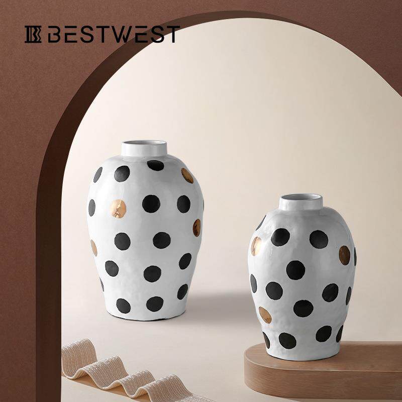 Bestwest大号波点艺术大肚陶瓷花瓶摆件家居样板间客厅软装瓷器