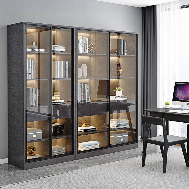 推拉门轻奢书柜简约现代玻璃门展示柜客厅实木柜子整墙储物柜书橱