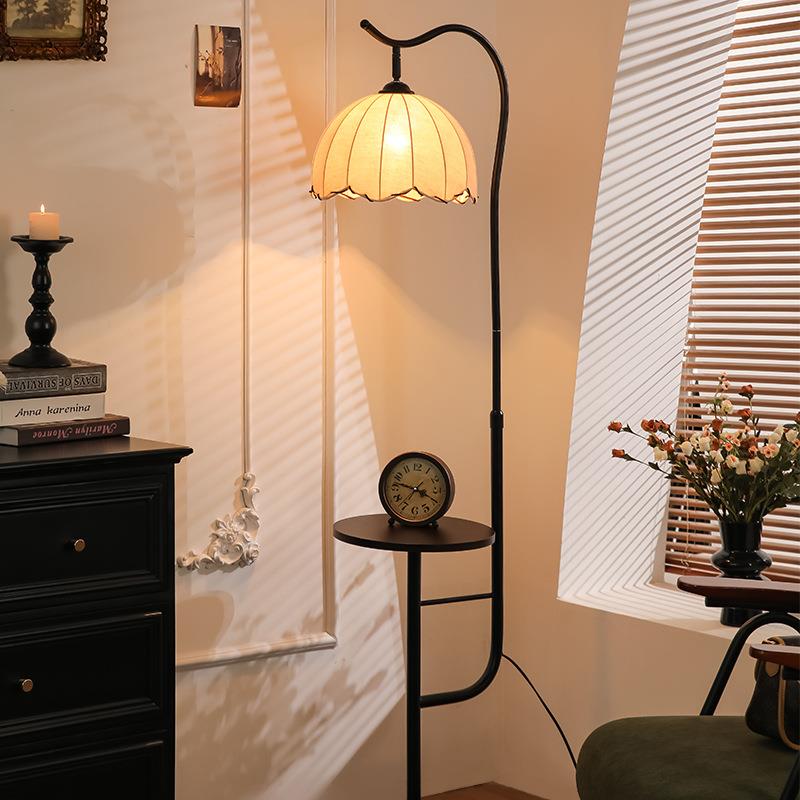 法式中古风落地灯客厅沙发旁边几置物架美式复古卧室床头灯一体灯