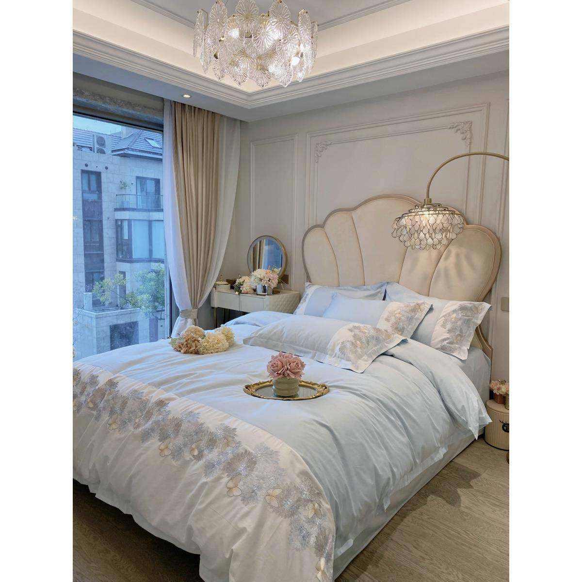 100支长绒棉轻奢四件套花卉刺绣被套全棉纯棉床单款裸睡床上用品