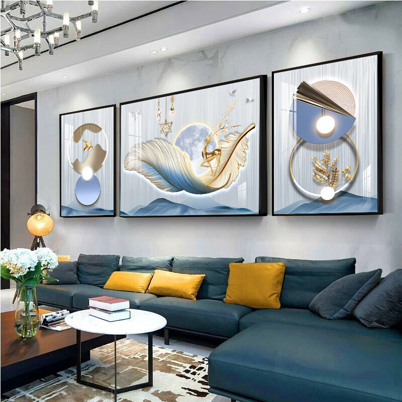 约大气客厅三联画轻奢羽毛沙发背景墙装饰画寓意好墙壁挂画