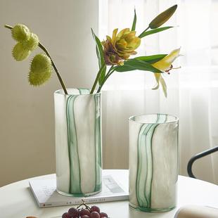 北欧简约渐变绿竖纹直筒花瓶餐桌客厅软装 家居水培郁金香玻璃花瓶