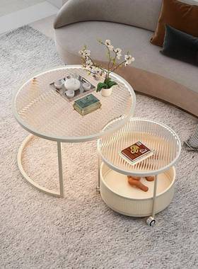 轻奢简约现代玻璃圆形桌2024新款小户型家用奶油风可移动茶几客厅
