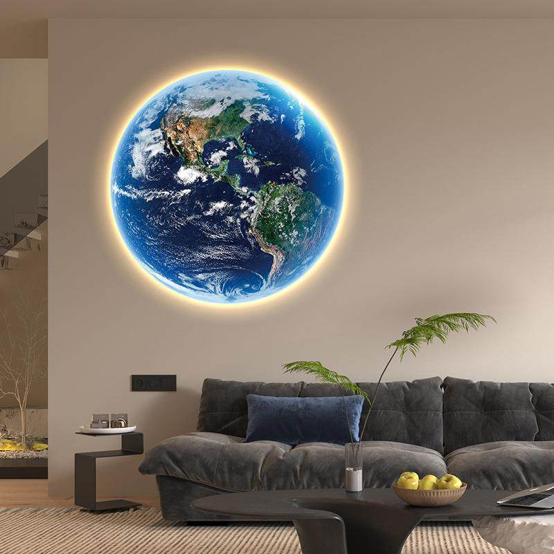 客厅轻奢圆形挂画玄关走廊高级感装饰画带灯卧室床头平面地球灯画