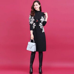 秋季日韩新款女装冬装大花优雅气质收腰显瘦中长款内搭打底连衣裙