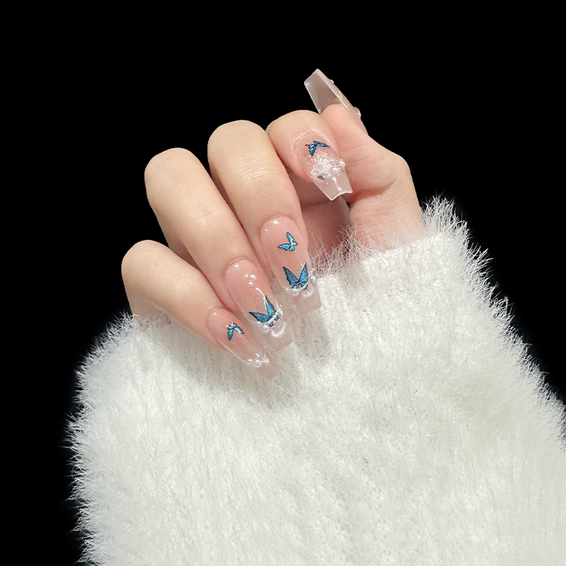 纯欲穿戴甲美甲冰蓝色蝴蝶浪漫显白线条法式仙气透闪假指甲贴片式